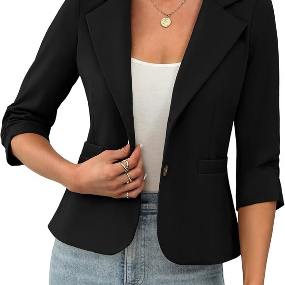 Womens Casual 3/4 Sleeve Knit Blazers - High Stretch Business Work Suit Slim Fit - Picture 2 of 6